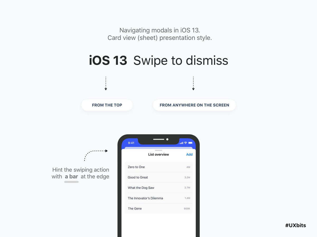 allergeek's tweet image. #UXbits
Swiping gesture goes big in iOS 13, to help with reachability. You can swipe from the top, or from virtually anywhere on the screen to dismiss modal view.

#iOS131DevBeta2 #UX #mobile