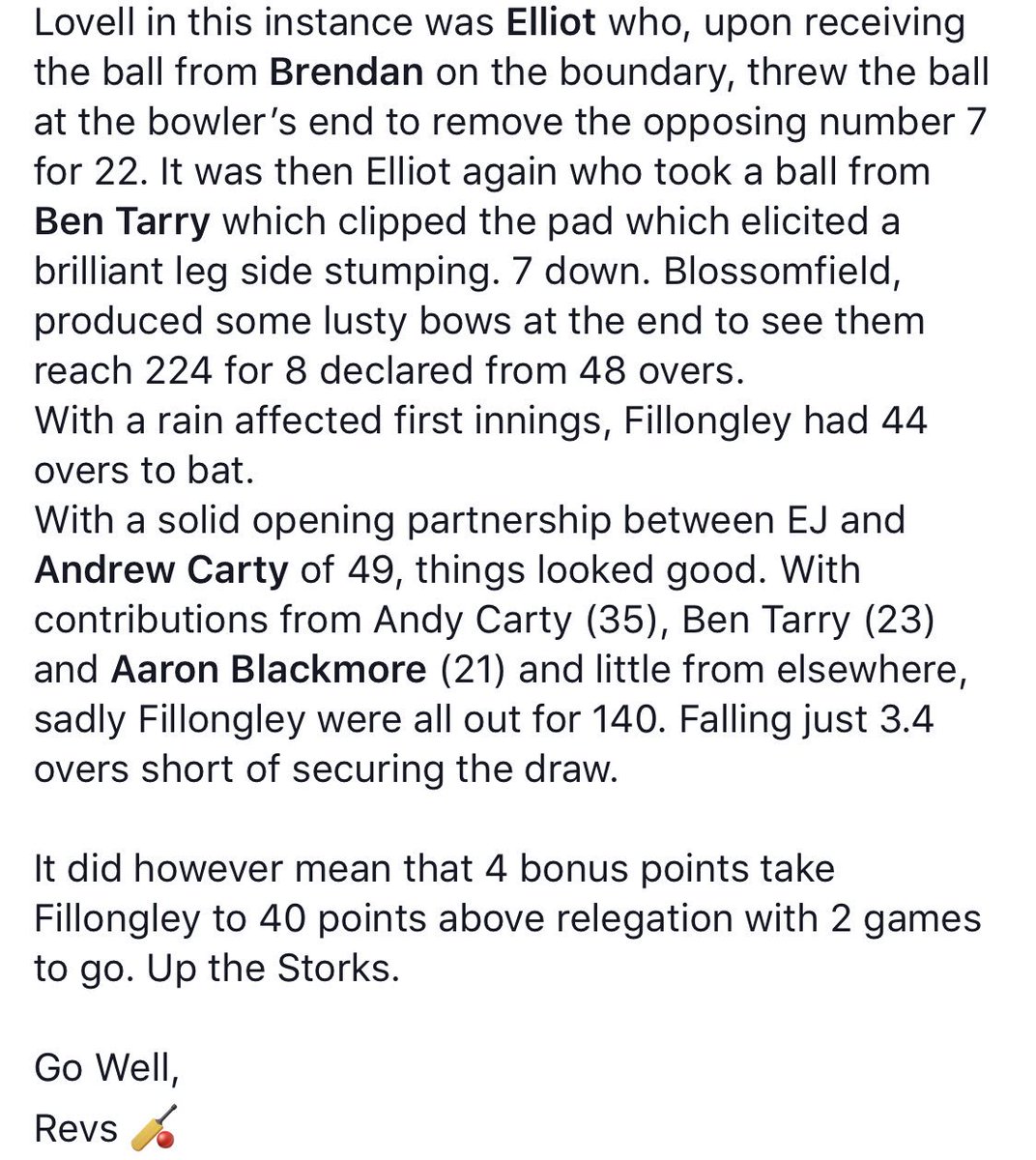 🏏MATCH REPORT🏏 <a href="/blosscricket/">Solihull Blossomfield Cricket Club</a>  vs FCC 1st XI by Tom ‘Revs’ Riley