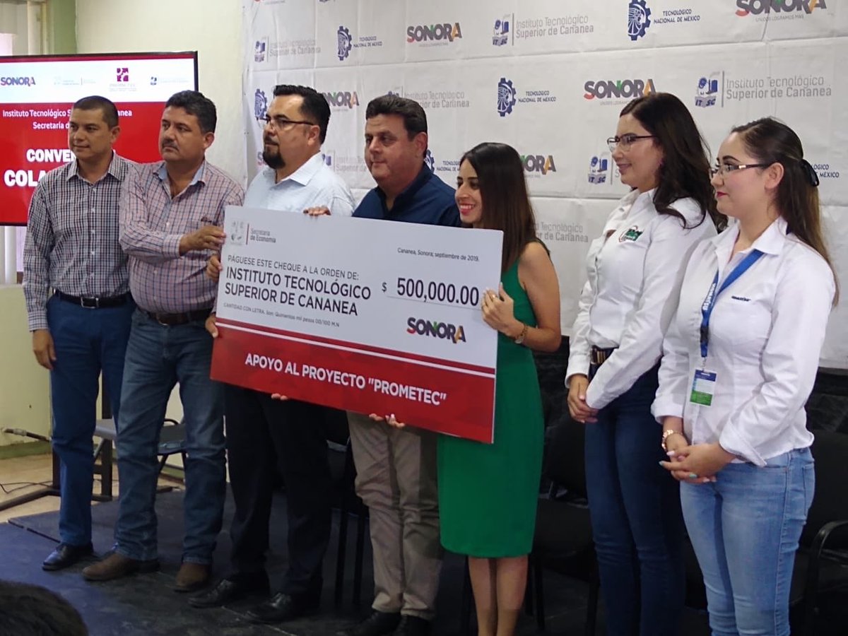 PROMETEC1's tweet photo. @EconomiaSonora y el @ItsCananea firman convenio de colaboración en apoyo al #PROMETEC. Al mismo tiempo se hace un depósito de 500 mil pesos para el Centro de Innovación e Incubación Empresarial para capacitar emprendedores y empresarios regionales. https://t.co/6rTOuDibai