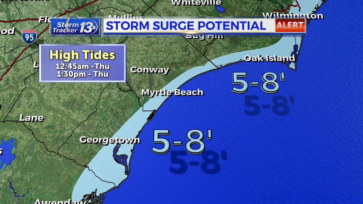 BrittanyLockley's tweet photo. Life-threatening storm surge is a significant threat with Dorian; the water by the beaches could reach 5-8 ft above ground. #WBTW #SCWX #Stormtracker13 https://t.co/uGle3BQ5OA