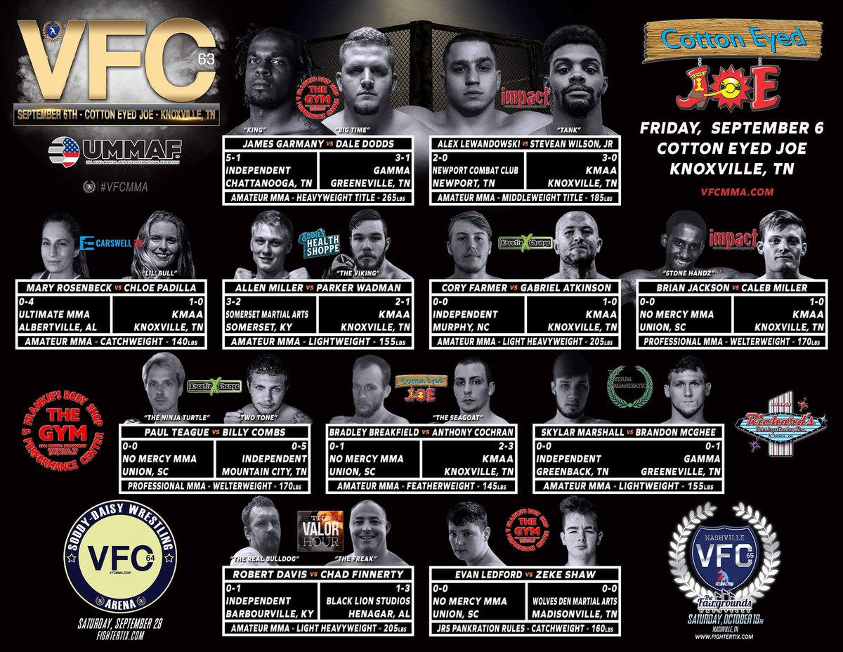 Vfc 63! Live at the <a href="/cottoneyedjoetn/">Cotton Eyed Joe</a> and online streaming exclusively on <a href="/FloCombat/">FloCombat</a> 
@calebmiller_mma
<a href="/showtime0145/">steven new </a>
<a href="/WigleyNick/">nick.wigley</a>
@Dreku125mma
<a href="/RuthlessRobins/">David Robins</a>
<a href="/cpthelittlebull/">Chloe Padilla</a>
<a href="/RealHellAkitty/">Shamir Peshewa</a>
<a href="/tzloy/">Tim Loy</a>
<a href="/BearcattPro/">Bearcatt Productions</a>
@MMAjunkie
#mma #wmma #flocombat