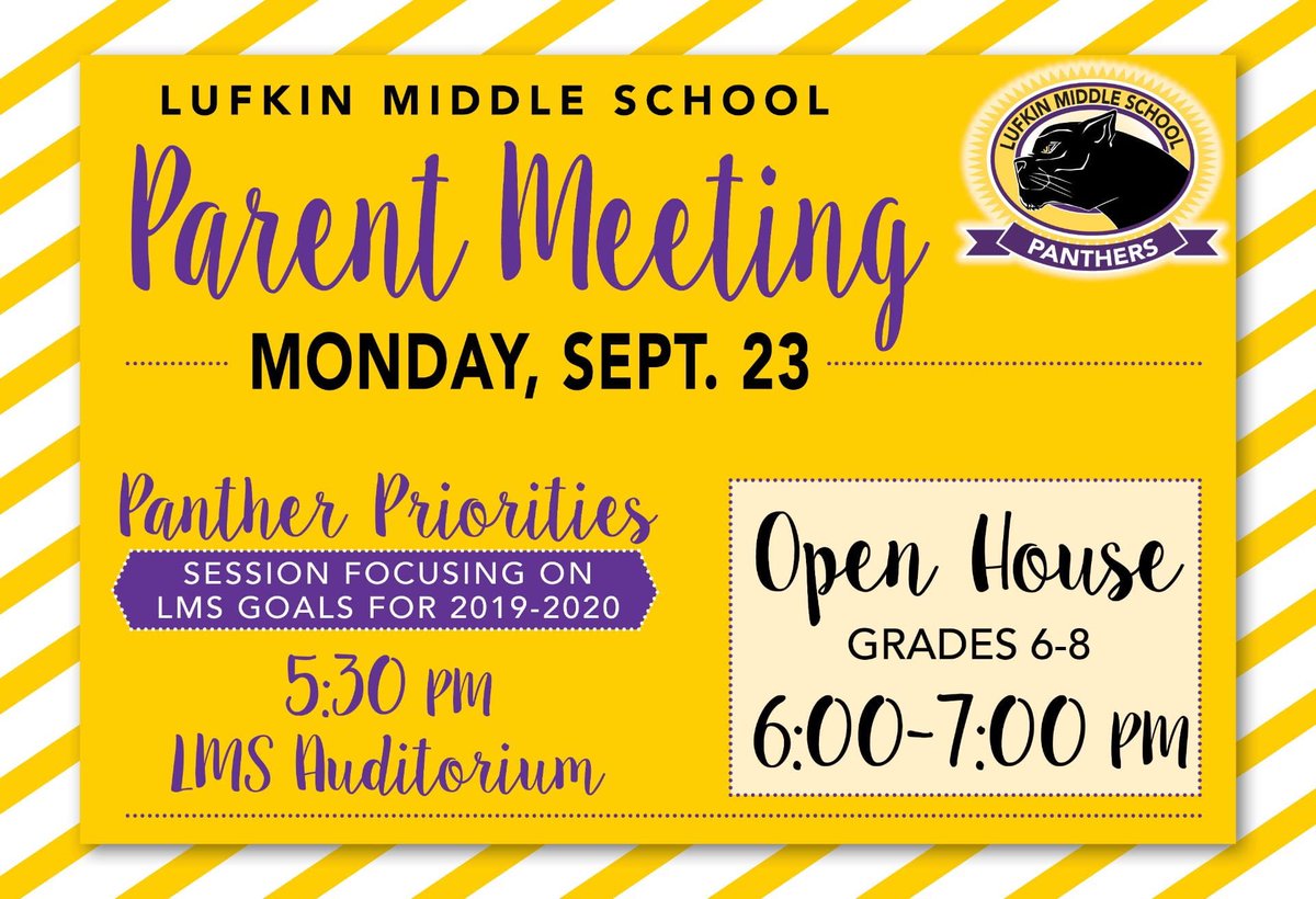 marygailmccarty's tweet photo. Mark your calendars!  Come find out about ALL of the awesome things going on at Lufkin Middle School!  #lufkinlearns #wechooselufkin #LMShares https://t.co/UwxLYTqH8W