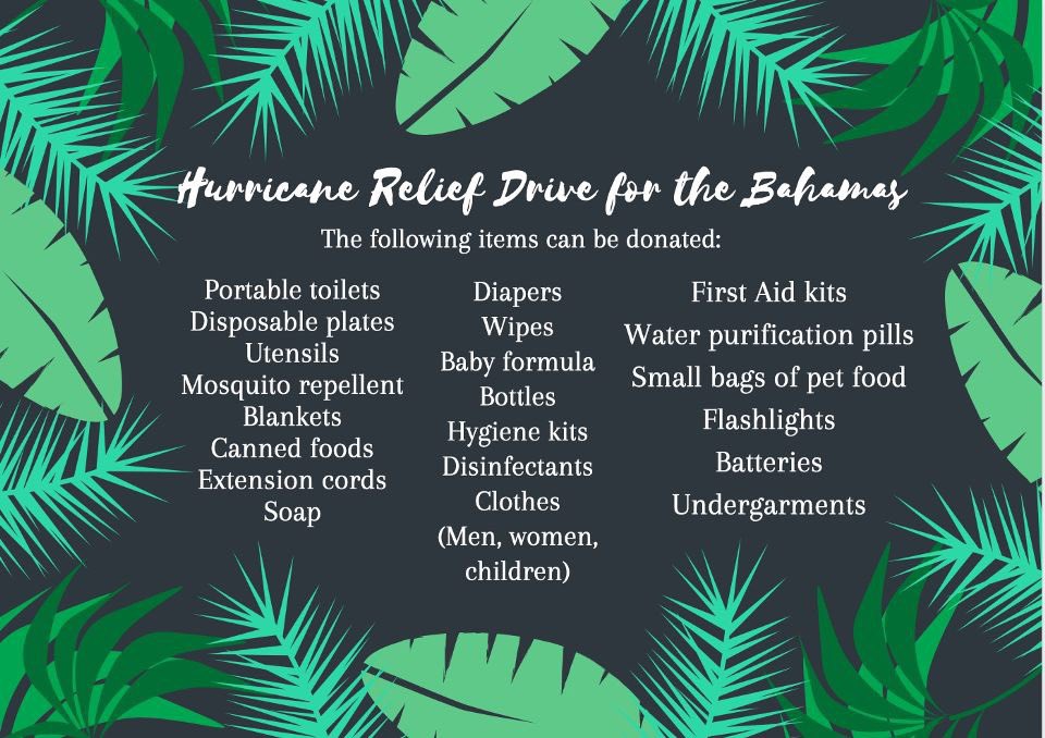 NHSMater's tweet photo. NHS is happy to be participating in the Hurricane Relief project for the Bahamas! Items listed below can be brought to RM 79, Torres, for a max of 3 points (1 per item). However, you are free to donate as many items as you wish. Any questions, please ask! Thank you! 🌟 https://t.co/YF8EkGn5Az