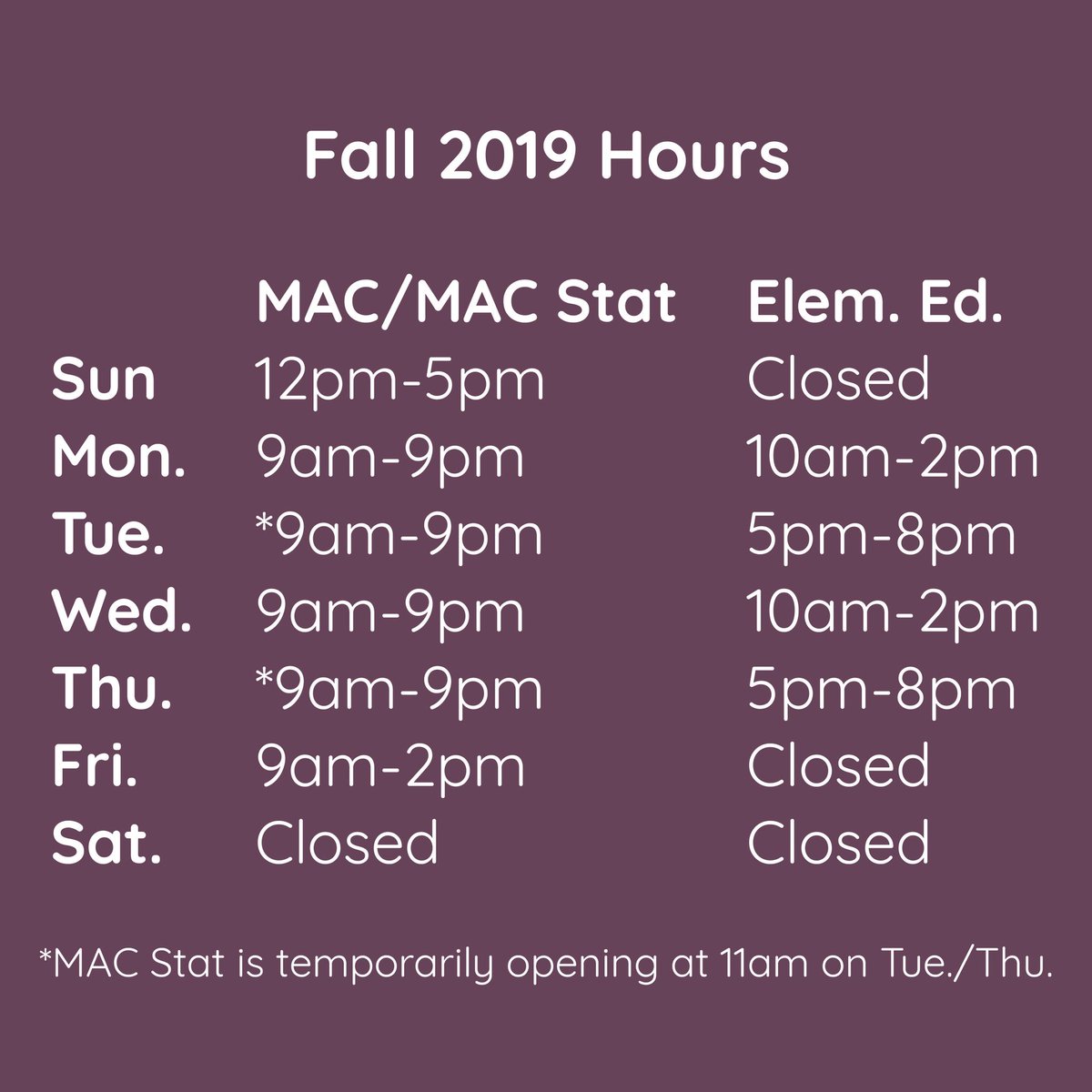 Welcome to Week 2, Jags! These are the current hours for Fall 2019. Note that we WILL be open this Sunday, September 8th; our first Sunday of the semester! 
#iupui #mac #macatiupui #math #mathiupui #iu #mathematics #mathematicsassistancecenter #mathtutoring #mathassistance