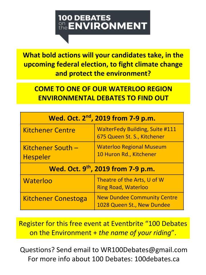 100DebatesWR's tweet photo. Canada's 43rd election is a little more than a month away. Make it about Earth, our shared home.

An all-candidate debate in every riding across Waterloo Region.

#elxn43 #100debates #100debatesWR https://t.co/8DY7zA0QiP