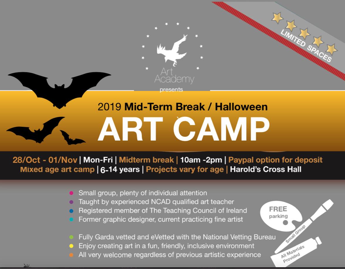 sheilaflaherty2's tweet photo. Art Academy is excited to open for booking:
2019 Halloween / Midterm Art Camp ๐
10-2pm Mon-Fri | 28/Oct-01/Nov | 6-14 years
https://t.co/kwF0jcjEpa
#artcamp #midtermbreak #halloweencamp #schoolcamp #midterm2019 #Octobermidterm #artclasses #artcampDublin #childrensartclasses https://t.co/EYvEDLj0mc