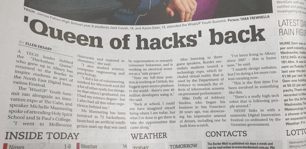 MishManners's tweet photo. Thanks @bordermail for the write up! Second page of the local paper π
#GitHub #DIF2019 @difvic #AWISE #NEDIF #HackathonQueen https://t.co/0qlM63GcuE