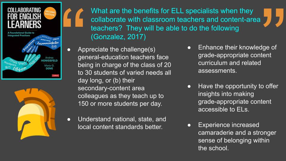RT @TanELLclassroom: The benefits for EL teachers when they collaborate w/ homeroom or content-area Ts. A list by <a href="/ValentinaESL/">🌍 ναℓєηтιηα gσηzαℓєz</a>. <a href="/AndreaHonigsfel/">Dr. Andrea Honigsfeld</a> <a href="/MariaGDove/">Maria G. Dove</a> amzn.to/2X2o63B #ellchat_bkclub #esl #ell #esol #tesol  x.com/tesol/status/1…