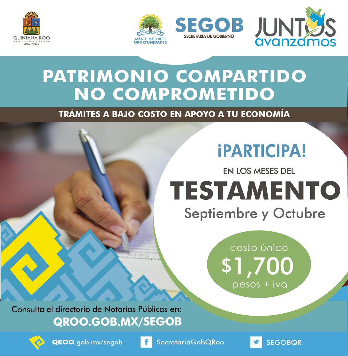 💵🏠🚗 Patrimonio Compartido, No Comprometido.
¡PARTICIPA! y hereda tranquilidad a tus seres queridos.
Reducción del trámite de Testamento, con un pago único de ✒$1,700 pesos.