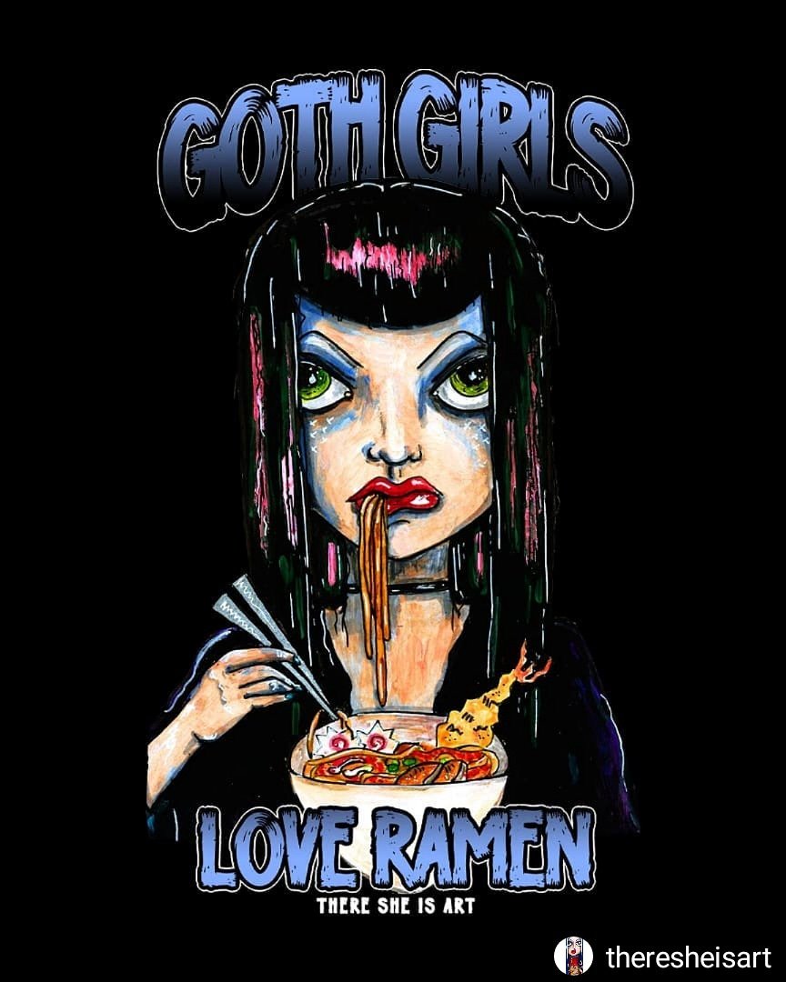 33Cult's tweet photo. The first shirt from @theresheisart is now available at https://t.co/JvNu1BAMjy for $25! Available in both Men's and Women's, in multiple color options! 
#cult33 #theresheisart #ramen #goth https://t.co/ZL96lPJfbH