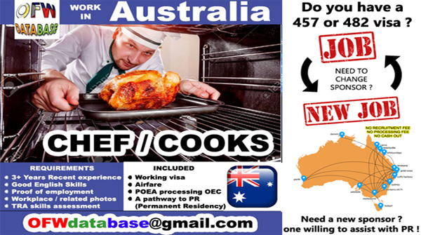 OFWDatabase's tweet photo. Chef Jobs in Australia: #Chef #cook #culinary #Restaurant #PermanentResidency #PR #Australia #OFW #POEA #workabroad #OFWlife #OFWdatabase #VisaAustralia #WorkInAustralia #OFWjobs #jobsInAustralia #OFWaustralia https://t.co/jKrf3f4ApA