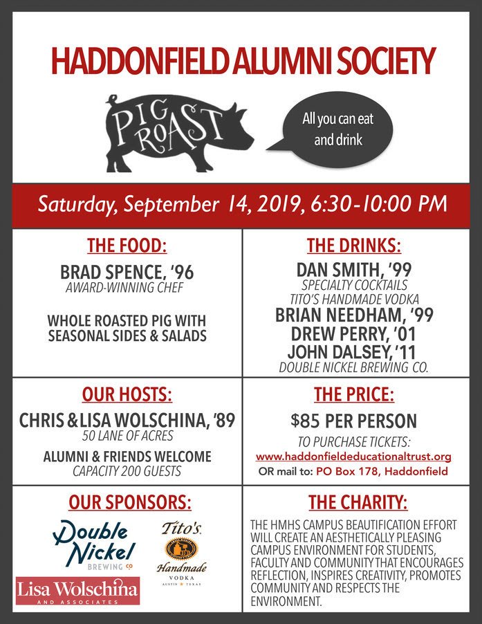 FINAL TICKETS ON SALE for ALUMNI PIG ROAST
This fundraiser is in support of the HMHS beautification effort. All ticket donations are fully tax deductible.
haddonfieldeducationaltrust.org/events/haddonf…