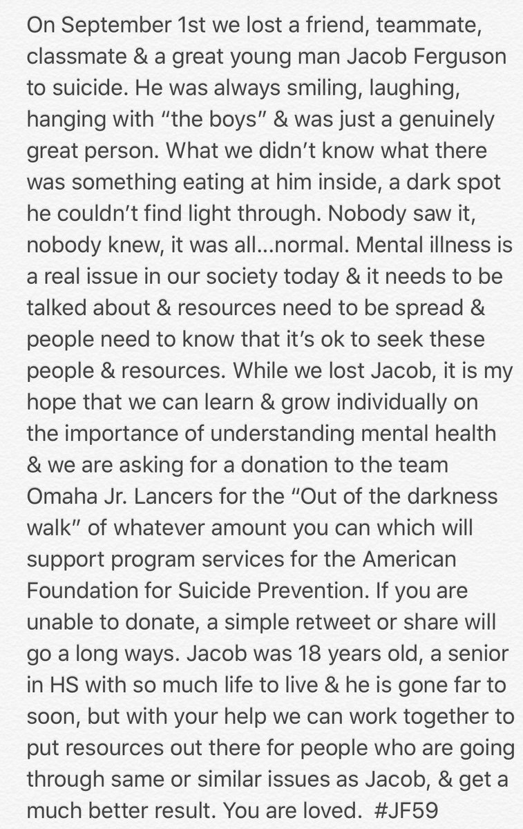 nharrahill21's tweet photo. The Omaha Jr. Lancers will be walking on Sunday in the “out of the darkness walk” and are looking for your help. If you are able, we would really appreciate your help and support for this. If anything, a simple retweet will go a long ways. Thank you #JF59

https://t.co/WYBNezBfhq https://t.co/NL4RGqA9t4