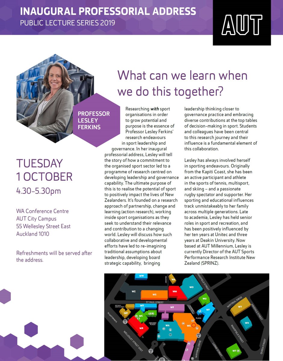 Join us for Professor Lesley Ferkins’ inaugural professorial address at 4.30pm, Tuesday 1 October in the WA Conference Centre, <a href="/AUTUni/">AUT University</a> City Campus.
Free public lecture and everyone is welcome.  Register to attend bit.ly/2kuSEZz
#autresearch #sport #Leadership #Governance