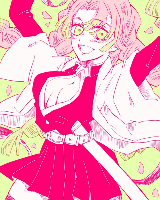 ぽんずさんがTwitterに投稿した甘露寺蜜璃(鬼滅の刃)のイラスト。