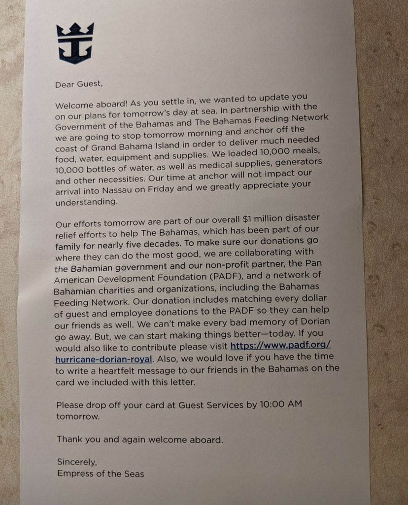 Passengers aboard <a href="/RoyalCaribbean/">Royal Caribbean</a>’s Empress of the Seas got this message. The ship is making a detour tomorrow with 10k meals, 10k water bottles, medical supplies, generators and other #HurricaneDorian relief items off Grand Bahama Island ahead of planned stop at Nassau.