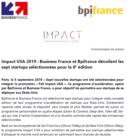 .<a href="/Bpifrance/">Bpifrance</a> et <a href="/businessfrance/">Business France</a> dévoilent les sept startups sélectionnées pour la 8ème édition d'Impact USA bit.ly/2lwTUvF