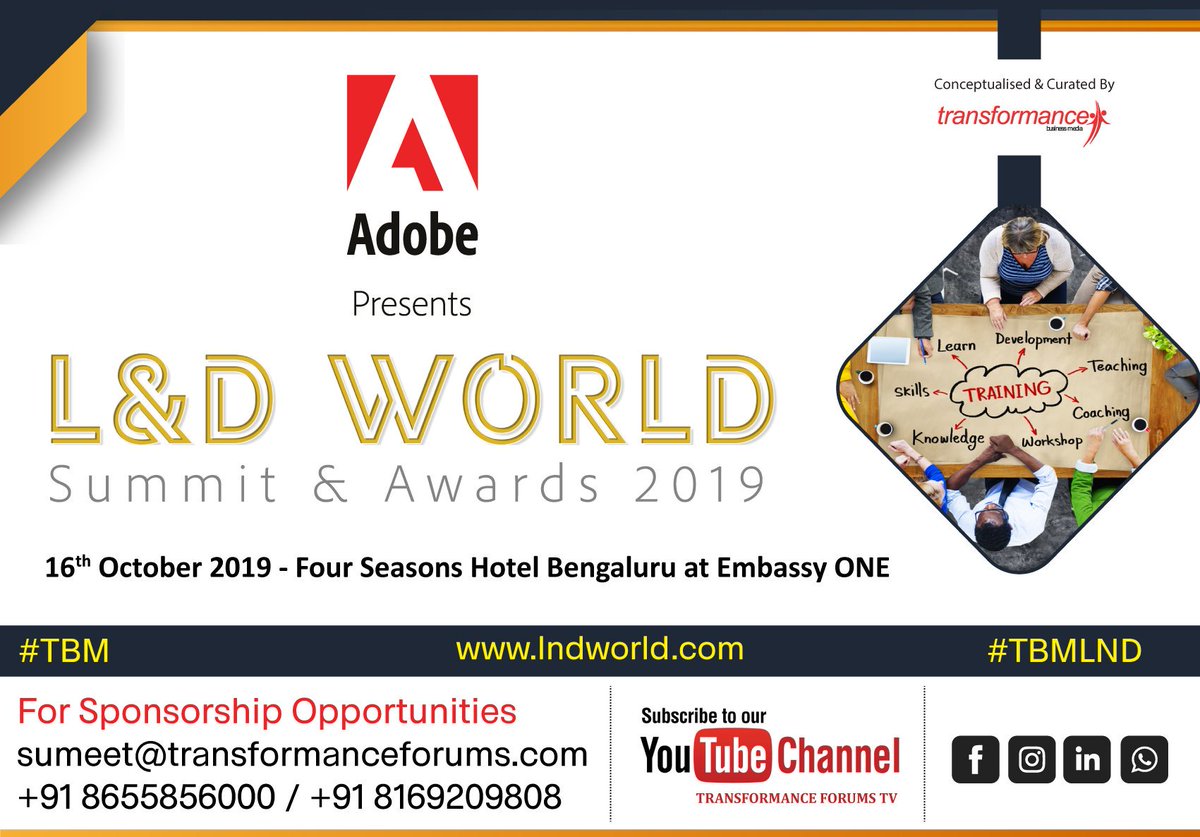 trfforums's tweet image. We are glad to have @Adobe on board as Presenting Partner for our L&amp;amp;D World Summit &amp;amp; Awards 2019. Register lnkd.in/fqh3zhR #learninganddevelopmentstrategy #learninganddevelopmenttrends #learninganalytics #training #learningmanagementsystems #learningoutcomes #TBM #TBMLND