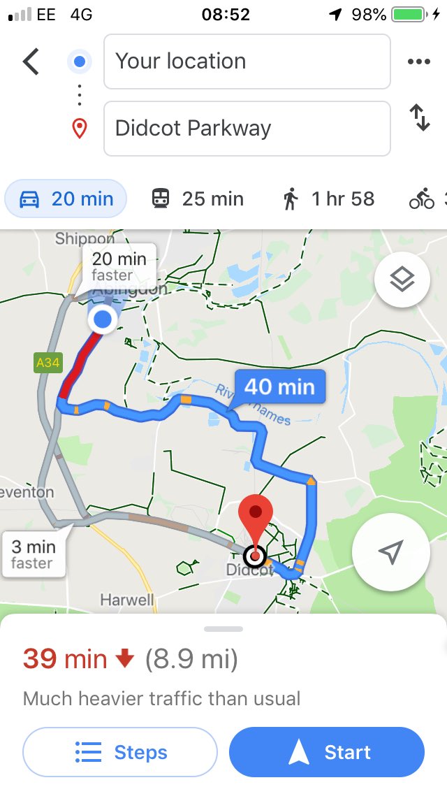 jenmgshe's tweet image. Today I left myself an hour for the 7 mile trip to Didcot station from home. It’s taken 20 mins to do 1 mile so I’ll be missing both trains I’d been aiming for! This is crazy. #traffic #trafficproblems