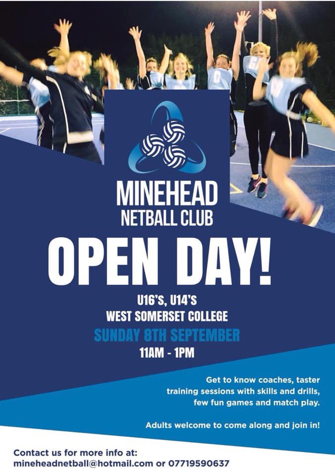 🤩 MINEHEAD NETBALL CLUB WELCOMES JUNIOR AND SENIOR MEMBERS FOR 2019/20 SEASON 🤩

📆Sunday 8th Sept
⏰11am-1pm
📍West Somerset College Netball Courts, Minehead 

Junior and senior sessions - held on Monday evenings at West Somerset College. Contact mineheadnetball@hotmail.com