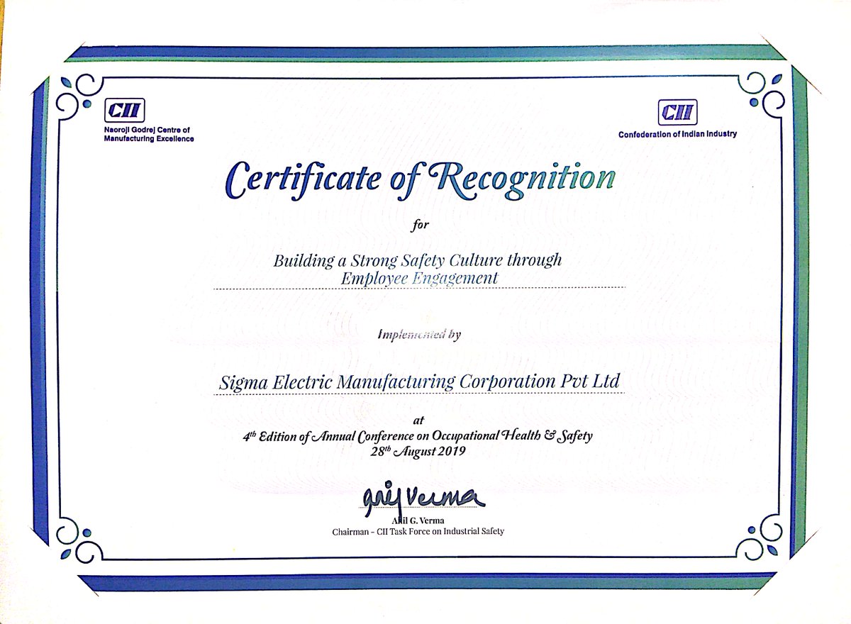 SigmaElectricM's tweet photo. @SigmaElectricM has been recognized by Confederation of Indian Industry (CII) for "Building a Strong Safety Culture by Employee Engagement" at an Occupational Health &amp; Safety conference organized by CII.

#Safety #safetyculture #cii https://t.co/NCzI38yDCt