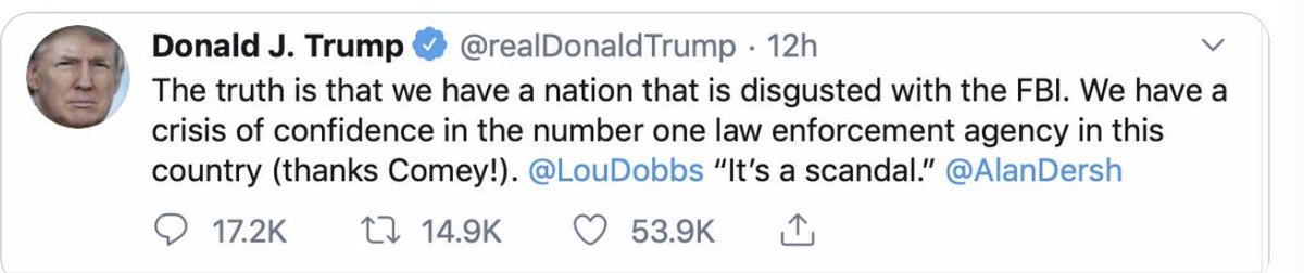 10/ The drive to destroy explains Trump, his administration, and his followers. The desire to destroy agencies and institutions was the point of this tweetDestroying institutions (like the FBI) by undermining them is textbook reactionary politics.