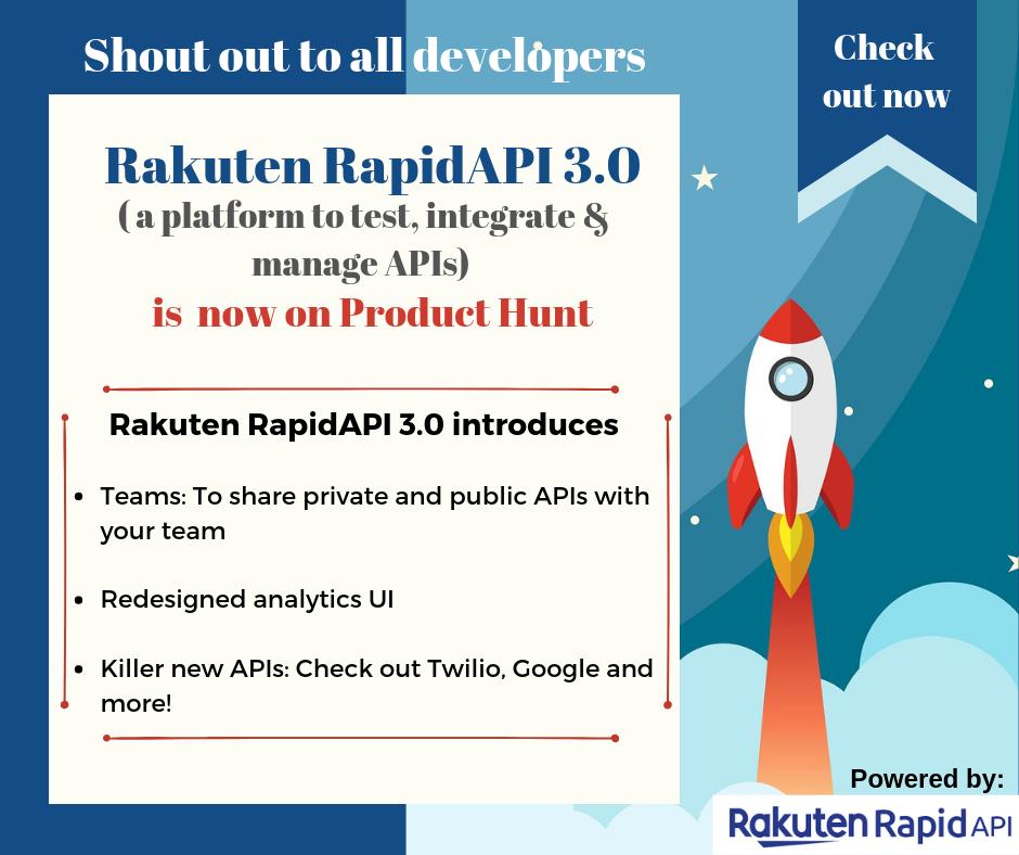 rakuten_india's tweet photo. A big shout out to all the developers!
We are excited to share that Rakuten RapidAPI 3.0
is now on Product Hunt.
Check out now: https://t.co/HrNSnXUAzw

#product #rakutenrapidAPI #rakuten #rakutenindia #innovation #developers #API https://t.co/zvKTxRpXsH