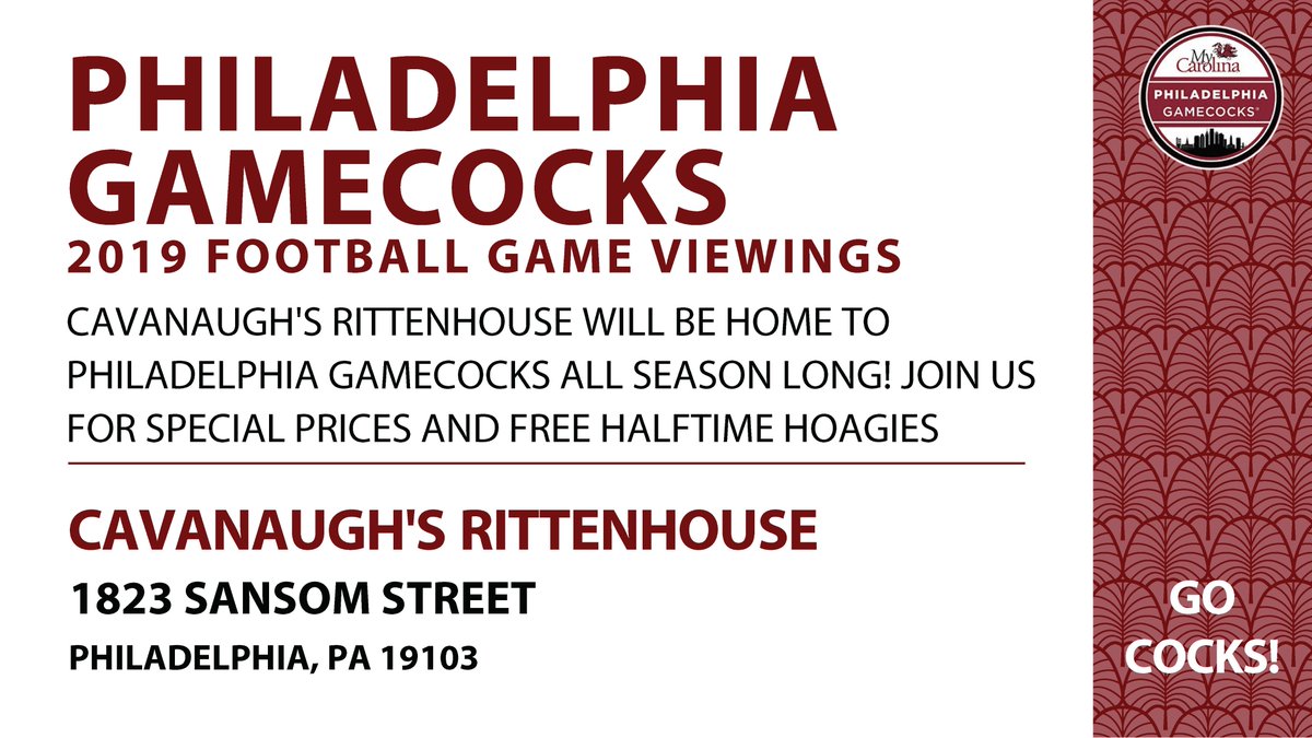 PhillyGamecocks's tweet image. Join us Sat. 9/7/19 for the SC-CSU Game Viewing at @cavsrittenhouse at Noon! #UofSCAlumni #PhillyGamecocks #BeatCharlestonSouthern
facebook.com/events/5512744…