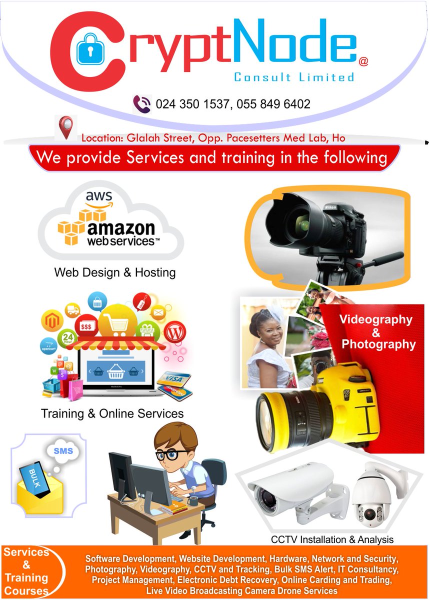 Redeemericson's tweet image. CryptNode consult limited we provide IT services and training such as #SoftwareDevelopment, #WebCloudServices (#aws), #Videography,  #photography, #OnlineRegistrations, #ProjectManagement, #SystemAnalysis  Design, #CCTV installation and #FootageAnalysis, #ITconsultancy in #Ho