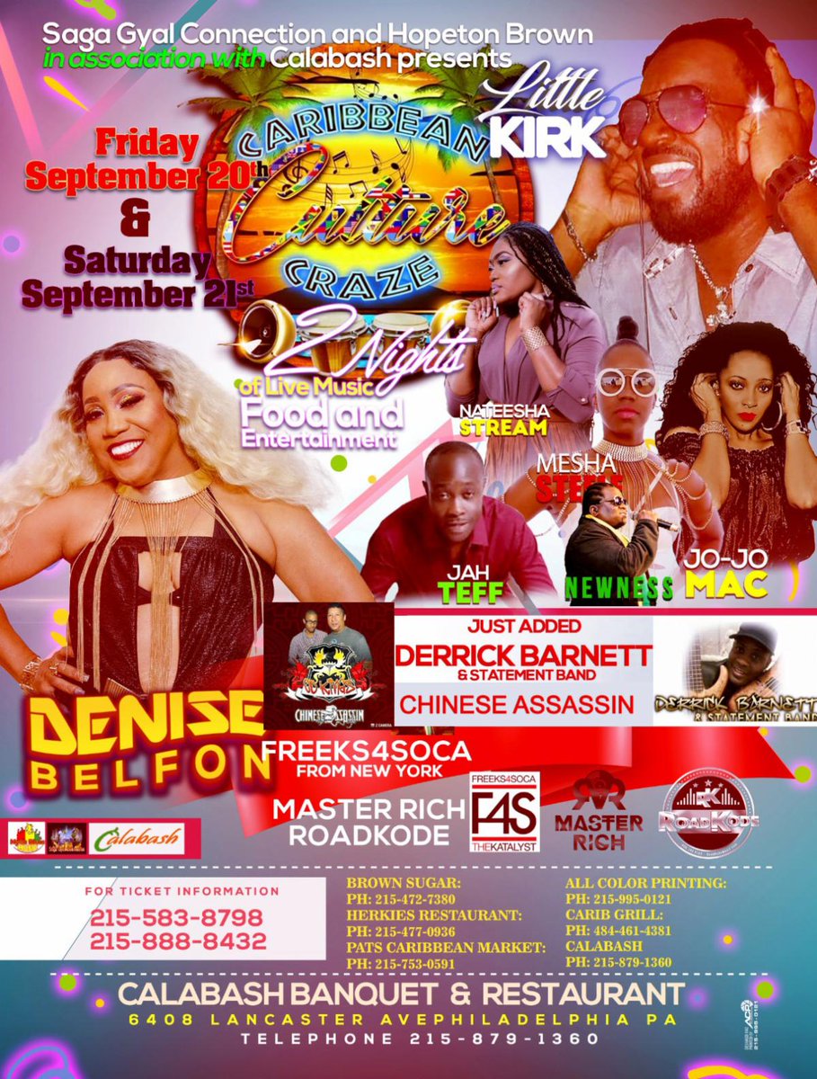 Caribbean Culture Craze - Fall Concert Series @ the Calabash - Denise Belfon, Little Kirk... conta.cc/32yVBJd