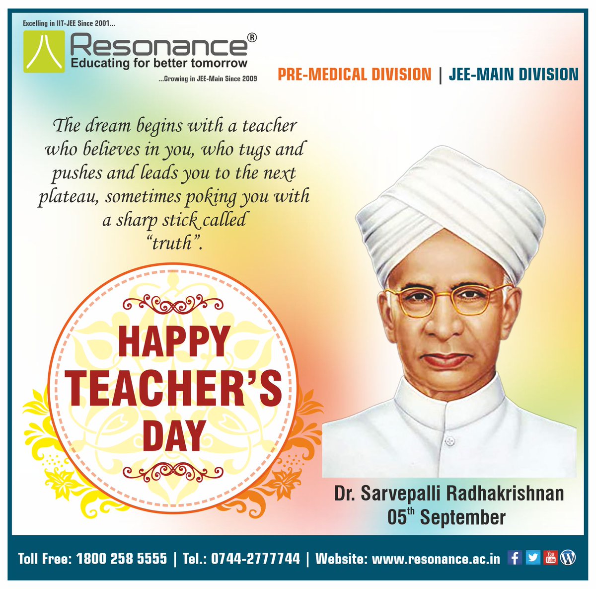 Resonance_JMD's tweet photo. “A good teacher can inspire hope, ignite imagination and instil the love of learning.” 

👩‍🏫 Happy Teacher’s Day 👨‍🏫

#Resonance #JEEMainDivision #Teachersday #5thseptember #Celebration #Faculty #Student #Kotacoaching https://t.co/1PtDuaLT8m