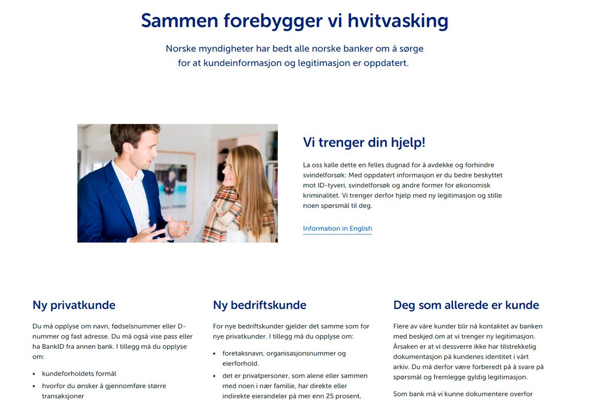 srbank's tweet photo. @euronielsen1 Haaaalllooo! Beklager sent svar, Anders. Dette er spørsmål vi må stille alle kundene våre. Det henger sammen med skjerpede legitimasjonskrav, hvor målet er å bekjempe økonomisk kriminalitet. Du kan lese mer om vårt arbeid for å forebygge hvitvasking på nettsidene våre. https://t.co/jNxP8yETnG