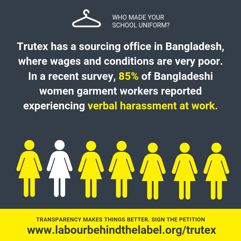 We’re calling on <a href="/TrutexLtd/">Trutex Schoolwear</a>, the UK’s largest specialist schoolwear brand, to disclose their factory list. This is to help increase visibility for the struggle of women. Tell Trutex we want to know who makes their uniforms: labourbehindthelabel.org/trutex #solidarity #rights #Back2School