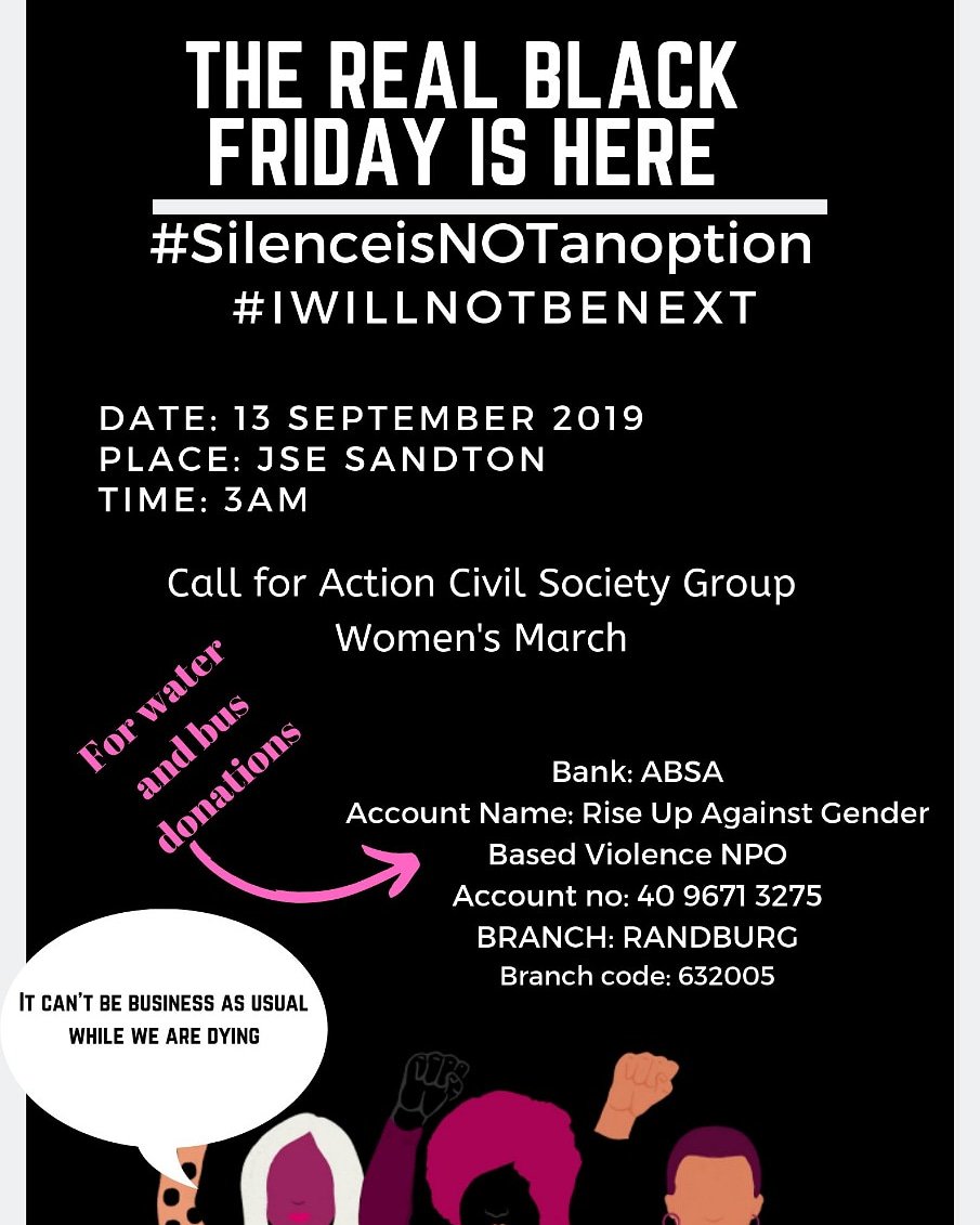 We need safe transport to get women to Sandton at 3am in the morning. We need water to keep everyone hydrated during the course of the day. Please support us if you cannot be there with us. #SandtonShutdown