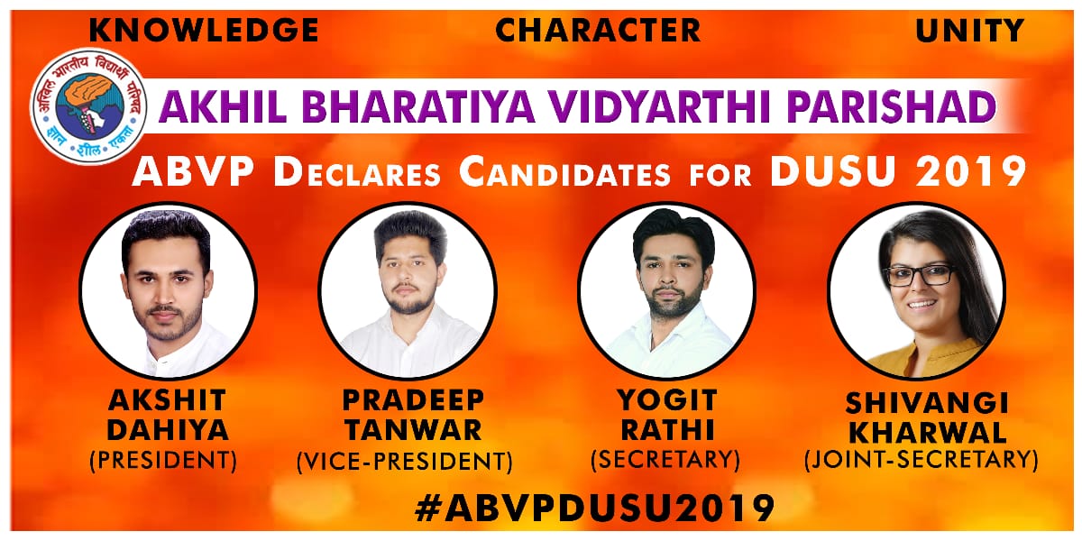 We are glad to announce our candidates who will be the face of @ABVPVoice in Upcoming #DUSUElection
Vote Support & elect Responsible Credible, #StudentFriendly DUSU 
President- Akshit Dahiya
Vice-President- Pradeep Tanwar
Secretary- Yogit Rathi
Joint-Secretary- Shivangi Kharwal