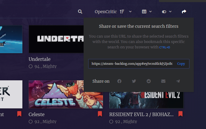 BacklogSteam's tweet photo. v3.9.5

A new feature is live on the site. Now you can create a specific search with multiple filters (eg: Action games with controller support, ordered by Opencritic), and share that search with filters to the world! 

You can also bookmark the URL and avoid repeating a search. https://t.co/HZxeFoHStJ