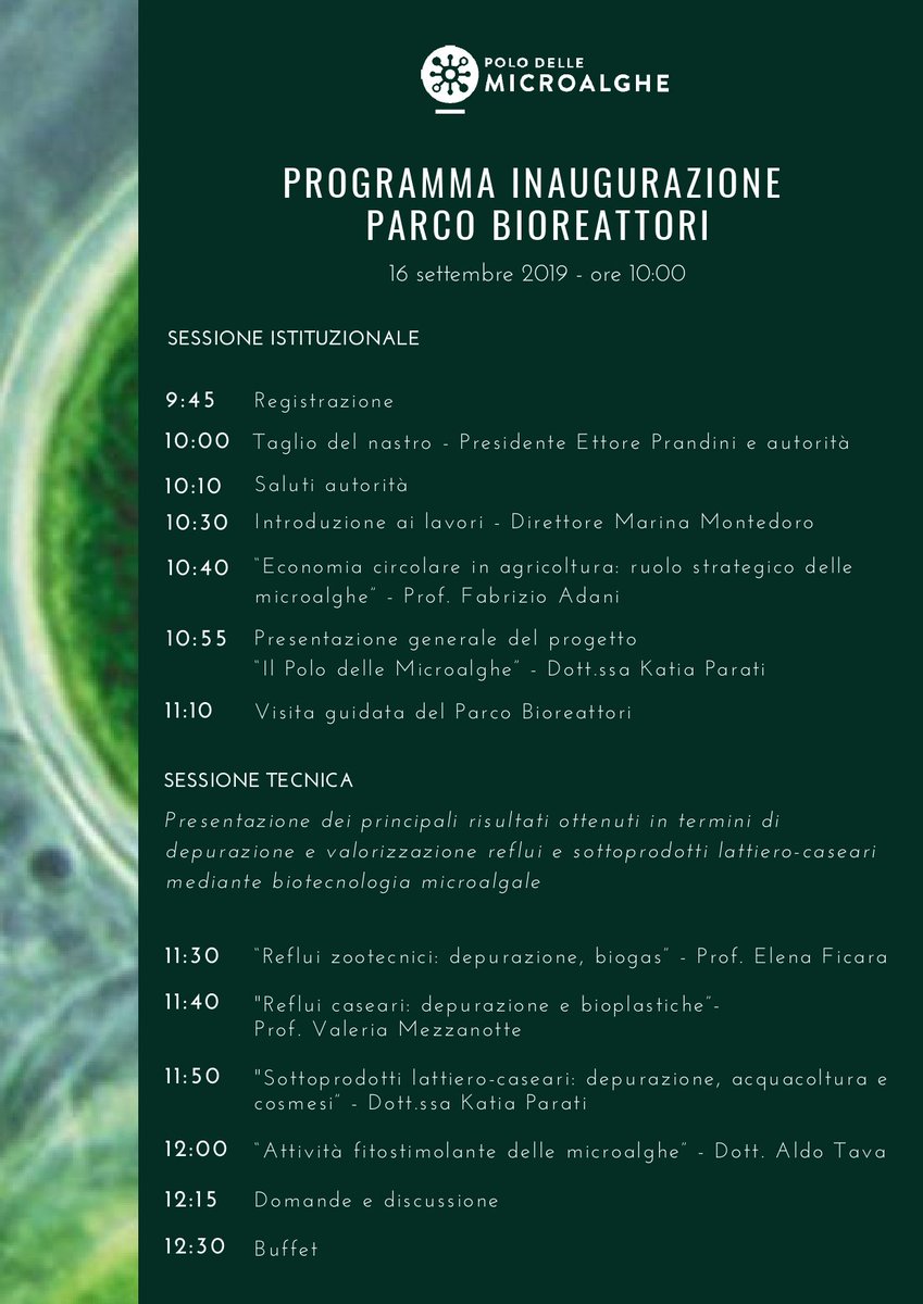 AISAMmicroalghe's tweet photo. Il 16 settembre alle ore 10.00 si terrà una cerimonia inaugurale del parco reattori presso l'Istituto Sperimentale Lazzaro Spallanzani - Rivolta d'Adda (CR).
In allegato il programma,  per ulteriori informazioni: Eleonora Ferri
eleonora.ferri@istitutospallanzani.it https://t.co/BpB4j666bX