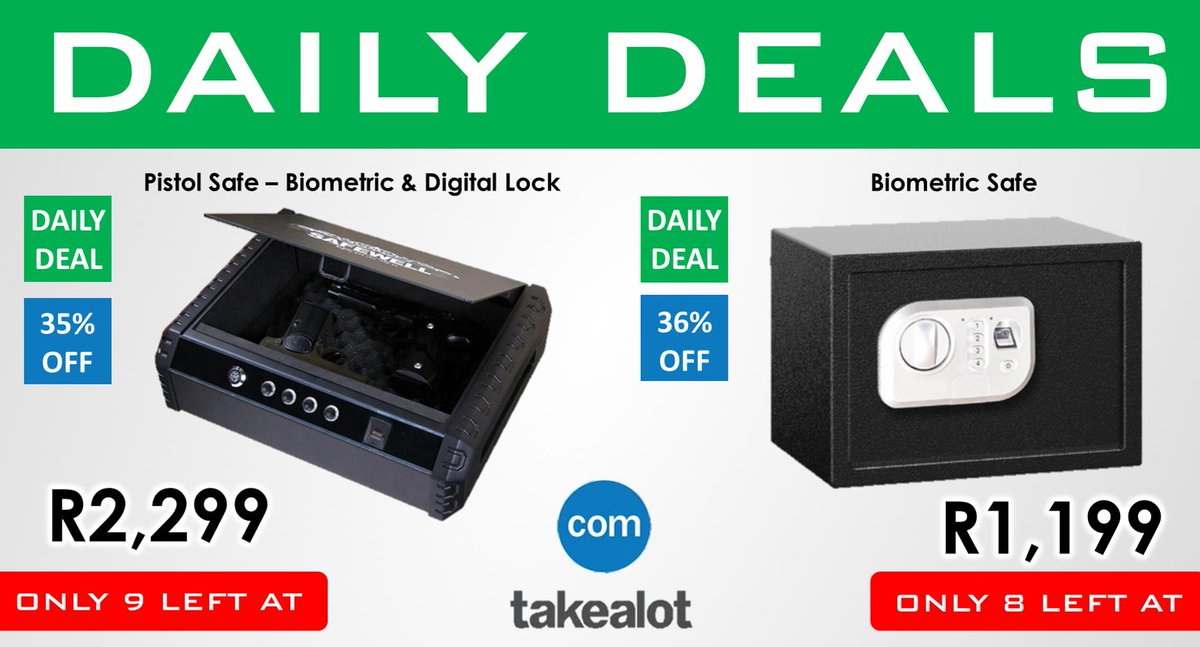 DAILY DEALS !!! On Takealot From Price Range R1199 - R2299!!!
takealot.com/pistol-safe-bi……/PLID54708612
takealot.com/biometric-safe…