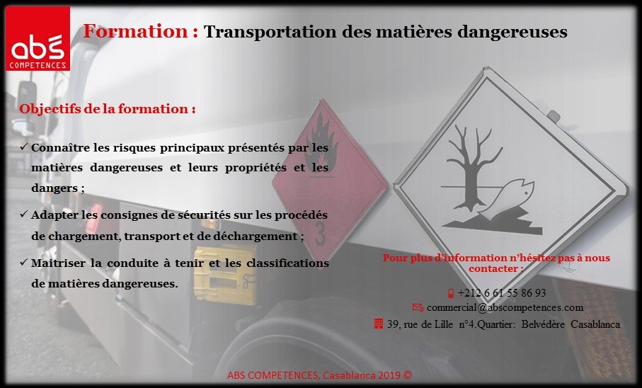CompetencesAbs's tweet photo. Formation: " Transportation des matières dangereuses "
Pour toute information complémentaire, n'hésitez pas à nous contacter au :

☎️ +212 6 61 55 86 93
📧 commercial@abscompetences.com

#ABSCOMPETENCES #Logistique #Sécurité #Formation2019 https://t.co/YZiMAyuwVI