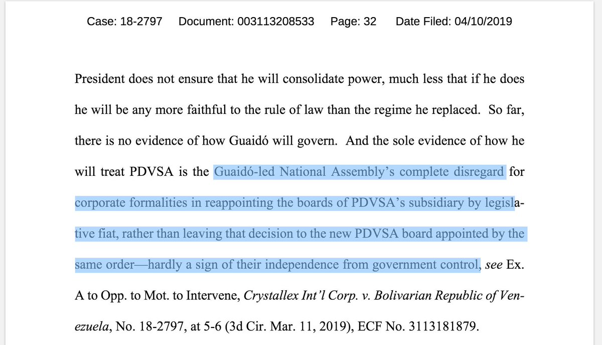 Citgo's legal defense was jeopardized earlier this year when Guaidó's National Assembly moved to directly appoint the boards of PdVSA *and* its subsidiaries (including Citgo)Crystallex immediately noticed the error, highlighting it in an April court filing