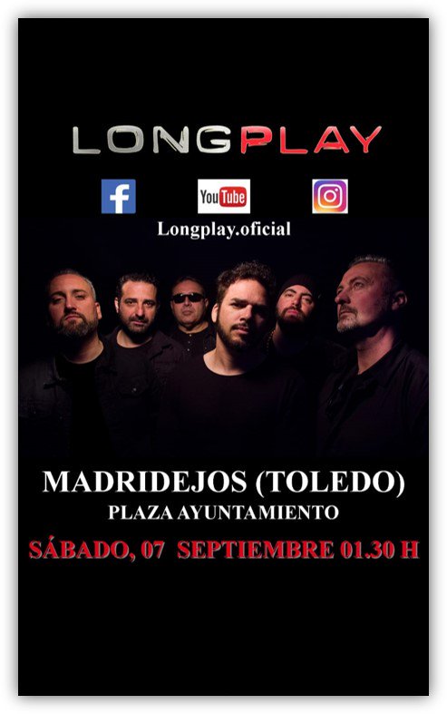 7 de septiembre de 2019
Acto de inauguración de las Fiestas.
Plaza del Ayuntamiento - Tras la actuación del grupo Tributo a Mecano: Hija de la luna, tendrá lugar la actuación (1:30 h) del grupo “Longplay”, para acabar de amenizar la noche.
#madridejos
#feriasyfiestasmadridejos
