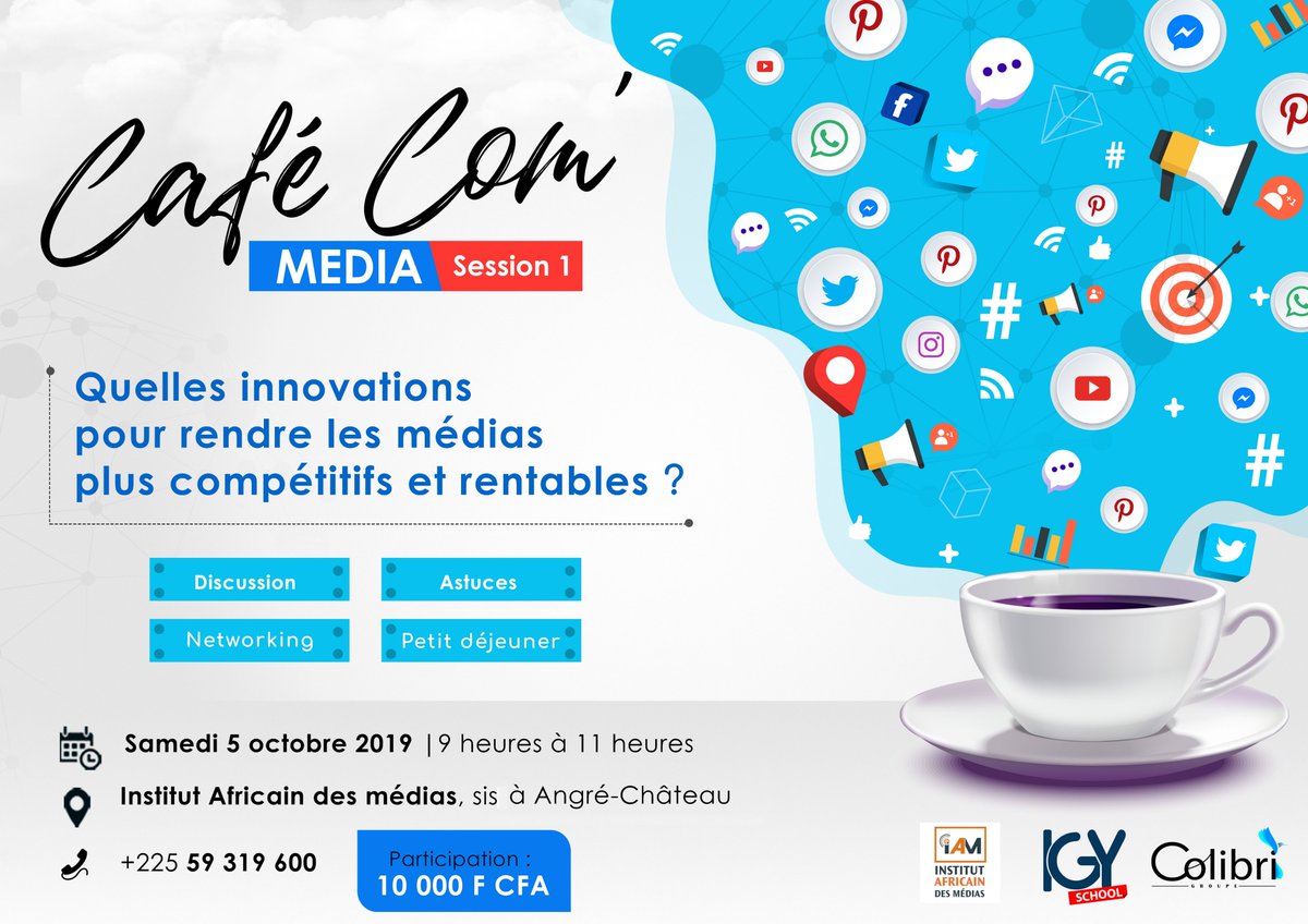 Pour le 1er #CaféComMédia, nous nous focaliserons sur quelques innovations à apporter aux (futurs) médias afin de les rentabiliser.

Renseignement et inscriptions +225 59 319 600 
👉 bit.ly/2lxofu3 #Civpresse