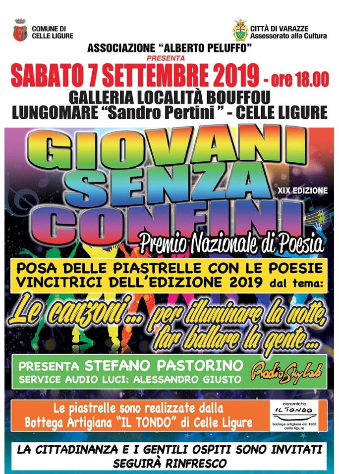 Sabato 7 Settembre alle ore 18.00 a Celle Ligure siete invitati a partecipare alla posa delle piastrelle con le poesie vincitrici dell'edizione 2019 del Premio Nazionale di Poesia "Giovani Senza Confini"! 

#poesia #varazze #celleligure