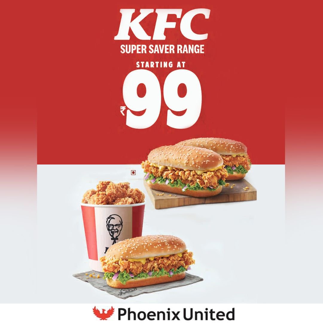 PhoenixUniLko's tweet photo. It's time to celebrate.. βcuz @kfcindia_official super saver range starting at βΉ99 is in Phoenix United too. Visit today & make the most of the offer.
#kfcburger #kfcchicken #kfcfood #kfczinger #kfctreat #kfcoffee #Kfcsupersaver #kfcoffers #foodie #foodlover #phoenixLucknow https://t.co/C9Kw8A6Gkb