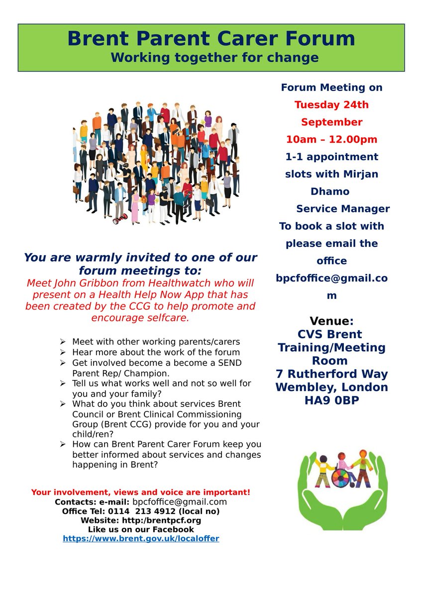 BrentPCF1's tweet photo. Please save the dates 
Tuesday 17th September - Working Parents Meeting 6.30pm - 8.30pm
Tuesday 24th September - Daytime Forum Meeting 10am-12.00pm https://t.co/wFEW3odkfd