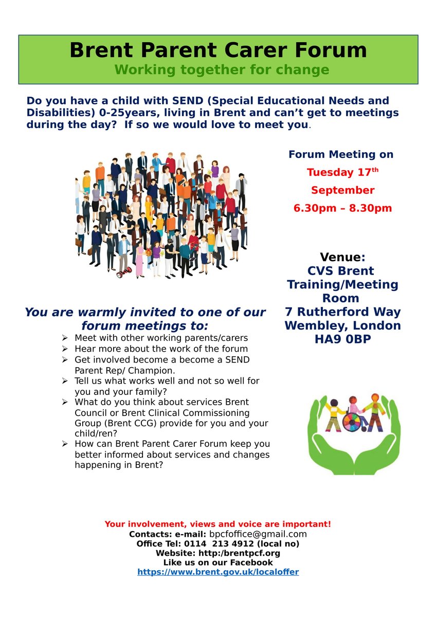 BrentPCF1's tweet photo. Please save the dates 
Tuesday 17th September - Working Parents Meeting 6.30pm - 8.30pm
Tuesday 24th September - Daytime Forum Meeting 10am-12.00pm https://t.co/wFEW3odkfd
