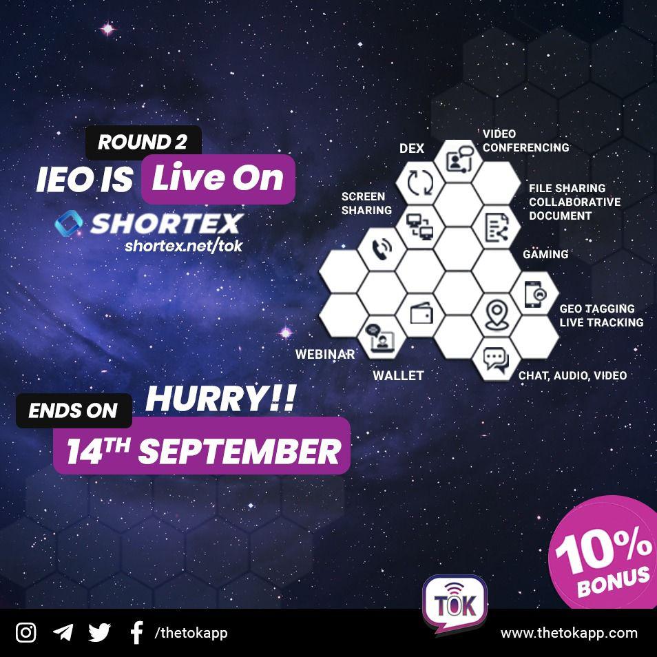 📢📣 Announcement | IEO Round 2 is LIVE📣📢 Did you purchase your TOK tokens? Hurry and purchase your tokens now with 10% Bonus!!! IEO ROUND 2 | SHORTEX | 10% BONUS shortex.net/tok/ #decentralized #blockchain #crypto #ethereum