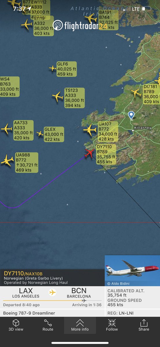 Abussio's tweet photo. @Fly_Norwegian flight10b diverted over Ireland on #Laxtobcn flight on @Boeing #787-900 https://t.co/Bu1MKDbV6Q