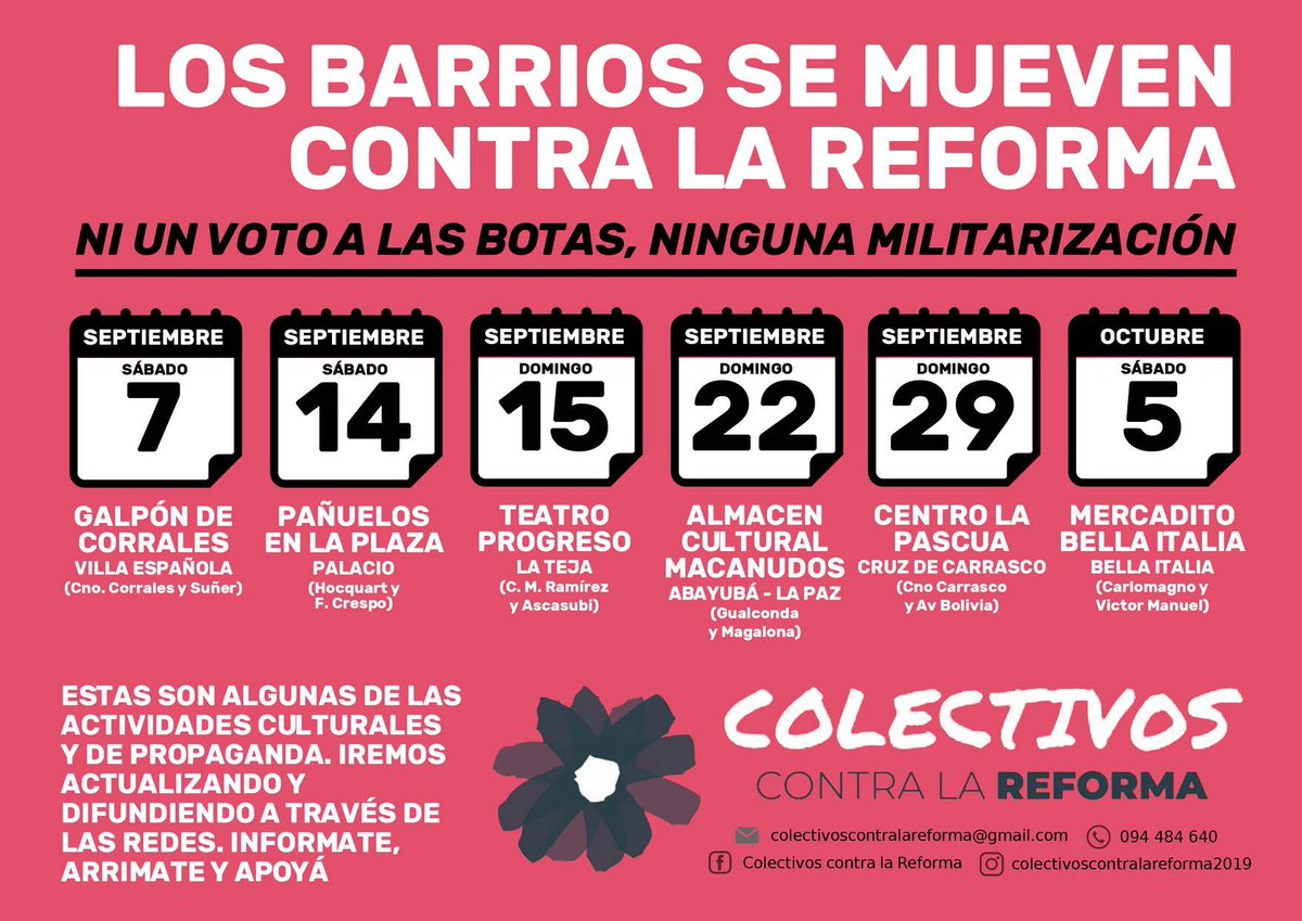 NoEsLaForma's tweet photo. Se vienen los desembarcos en los barrios de los Colectivos contra la Reforma! El primero será el 14 de setiembre en el Teatro Progreso en Ascasubi esq. Carlos María Ramírez. 

Este 27 de octubre #NiUnVotoALasBotas
#NoALaReforma
#LaReformaNoEsLaForma
#NingunaMilitarizacion https://t.co/zD1nm3WBCc