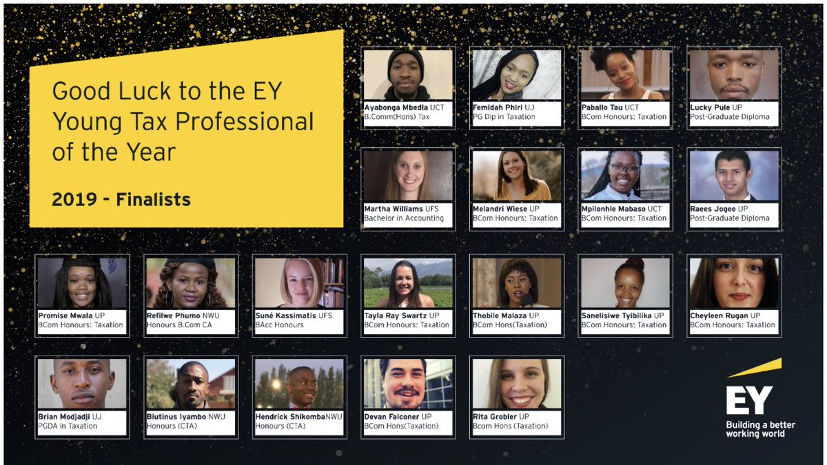 MEAGAN55's tweet photo. EY Young Tax Professional of the Year 2019 underway. The winner to be announced soon!!! @EY_Africa @UCTCareers @UFSweb @go2uj @theNWU @UPTuks https://t.co/x6cvWhb4ID